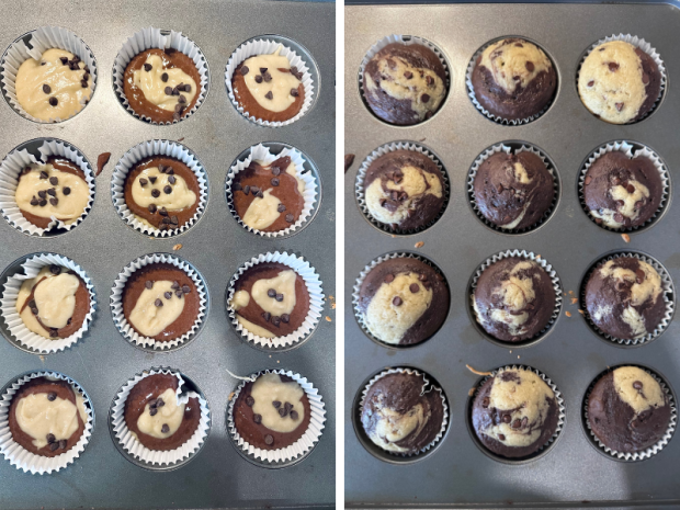 Marbled cow cupcakes before and after baking