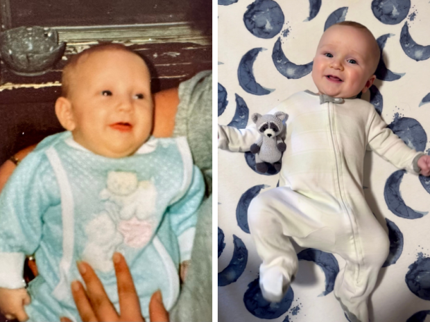 Mom baby picture next to child's baby picture to show resemblance